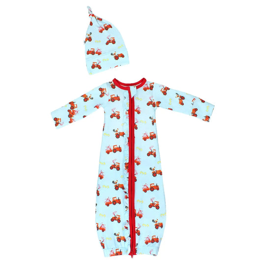 Farm Friends w/ Red Tractors Ruffle Newborn Gown & Knot Hat