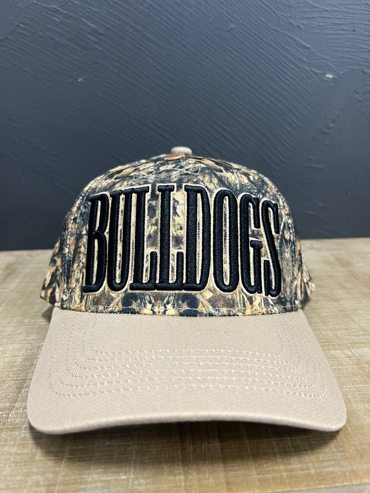 Camo Bulldogs mascot hat with black puff embroidery, light brown outline, and light brown brim.