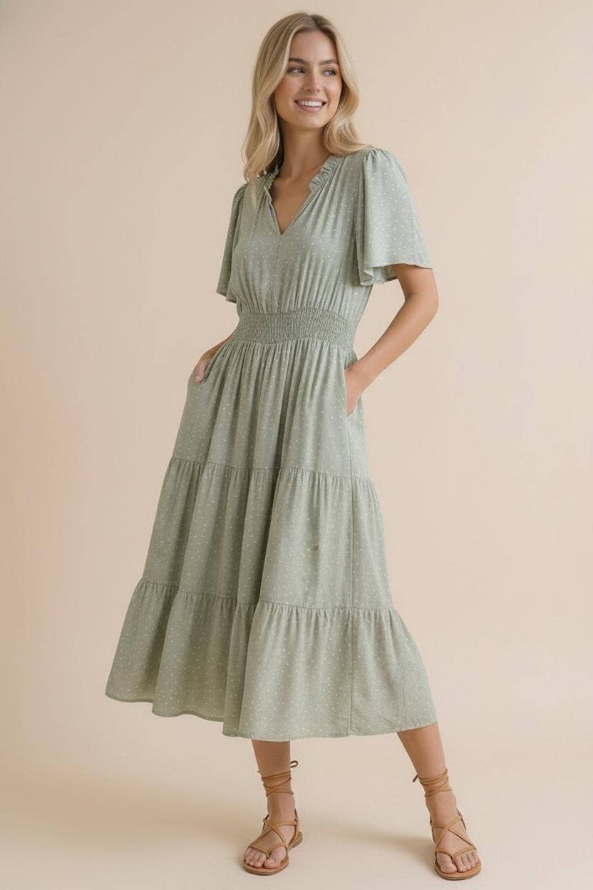 Sage Polka Dot Tiered Maxi Dress | Smocked Waist Flutter Sleeve Dress with Pockets