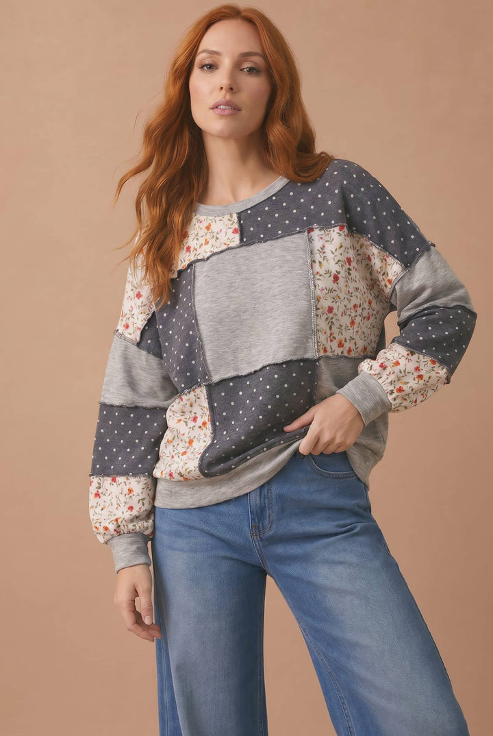 Round Neck Floral &amp; Polka Dot Patchwork French Terry Pullover