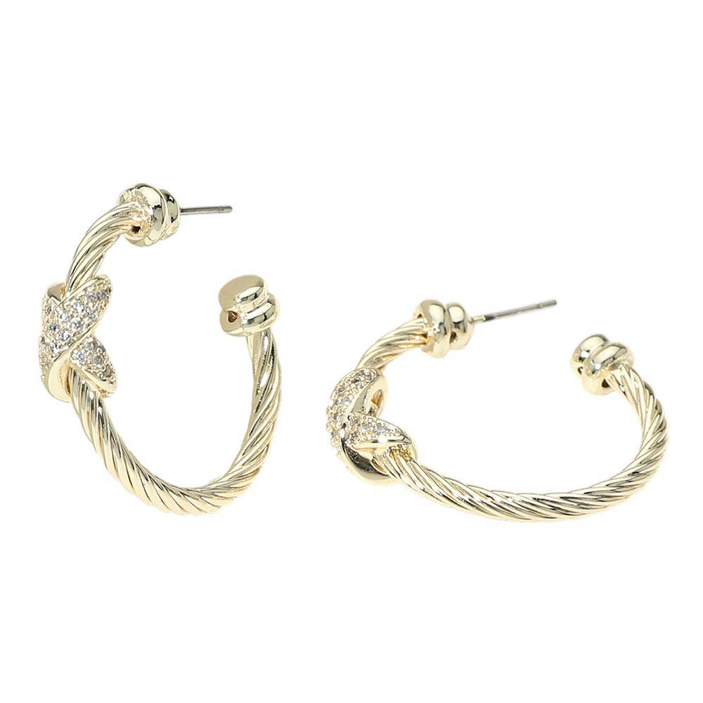 14K Gold Plated CZ Pave Knot Accent Twisted Hoop Earrings