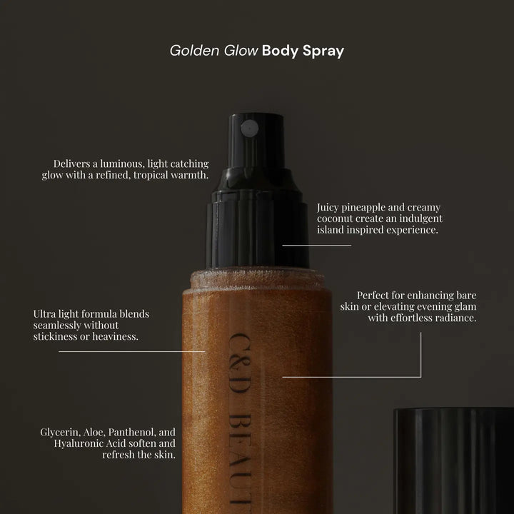C&amp;D Beauty Golden Glow Body Spray featuring a shimmering golden formula in a sleek spray bottle designed to provide radiant, hydrated skin with a tropical pineapple and coconut fragrance.