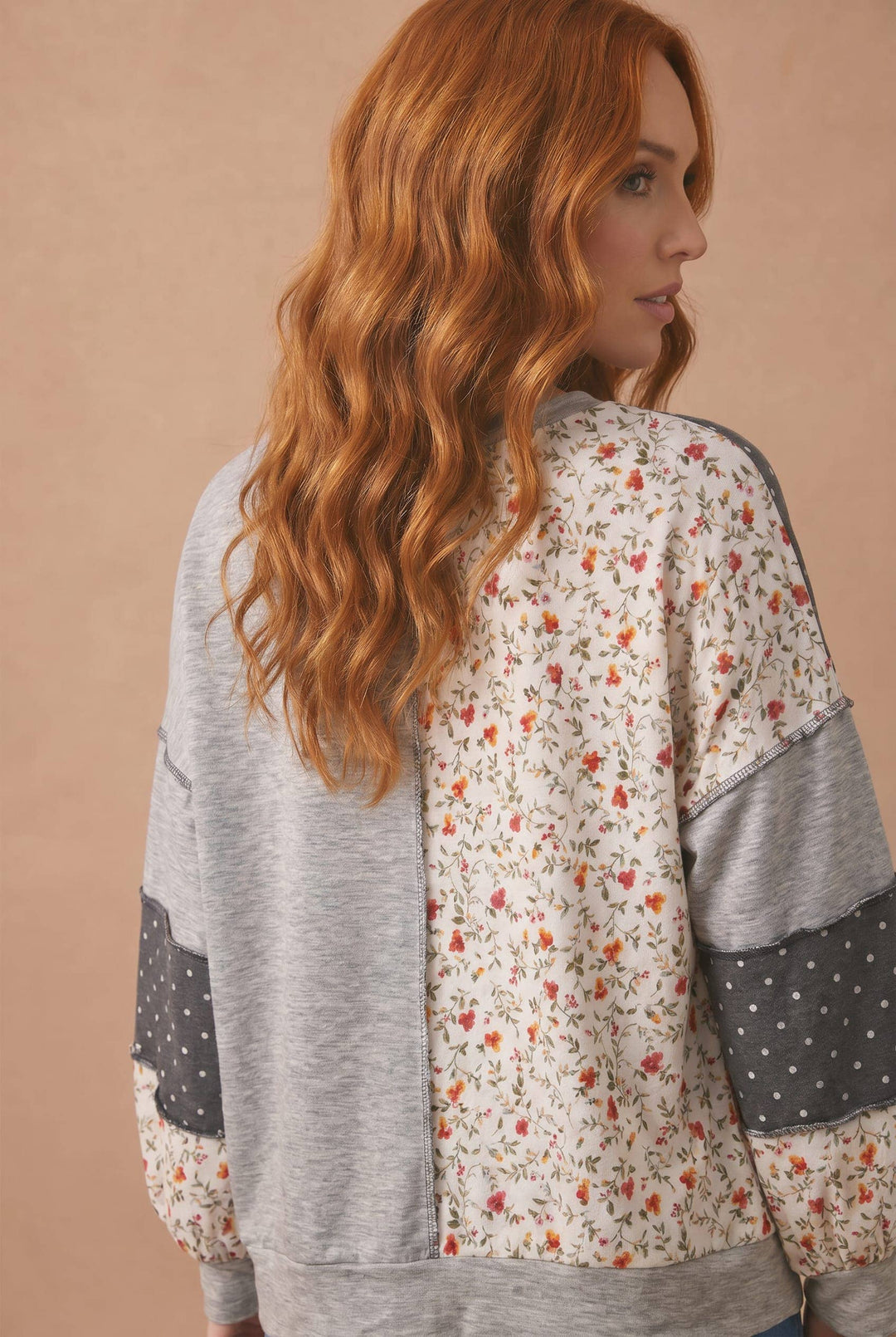 Round Neck Floral &amp; Polka Dot Patchwork French Terry Pullover