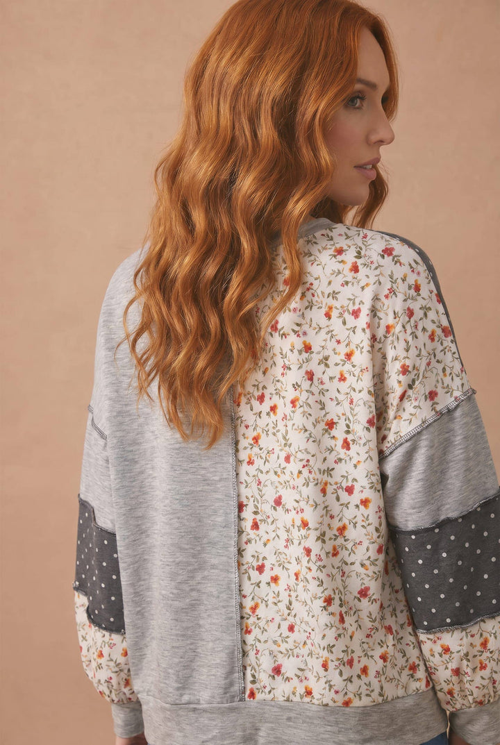 Round Neck Floral &amp; Polka Dot Patchwork French Terry Pullover