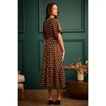 Brown Polka Dot Smocked Midi Dress | Flutter Sleeve Boutique Dress
