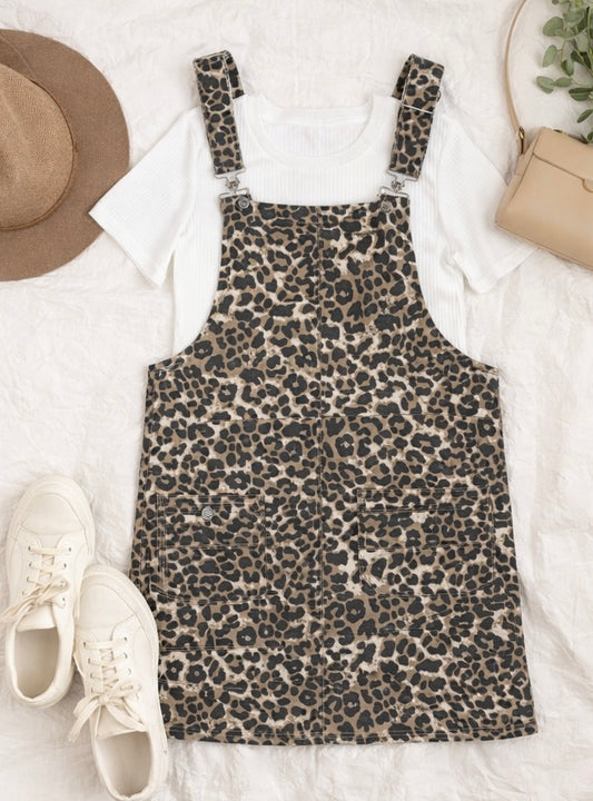 Three ways to style cheetah print denim overall dress including concert outfit, casual everyday look, and layered fall outfit