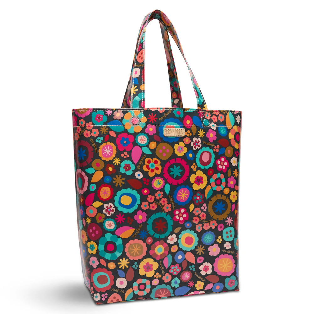 Angled view of colorful Consuela Amelie floral tote