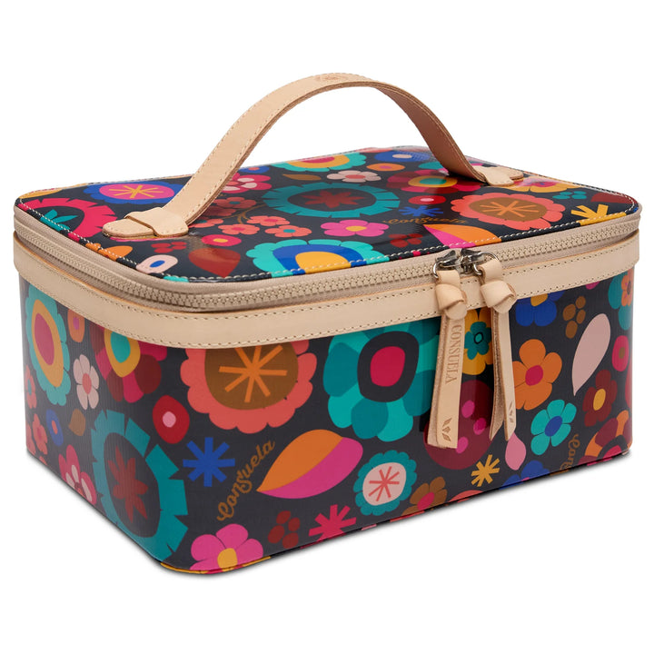 Angled view of Consuela Amelie Train Case floral cosmetic bag with zipper closure