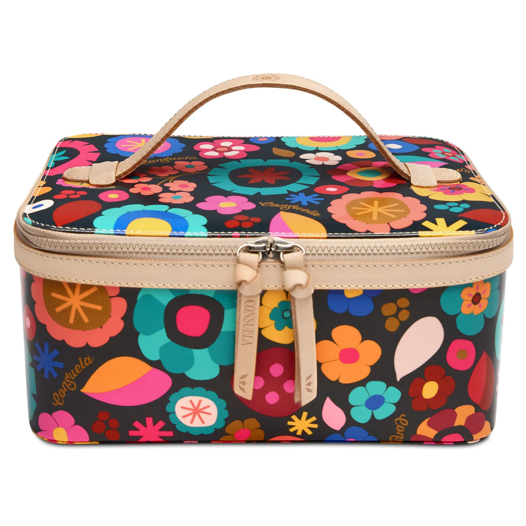 Front view of Consuela Amelie Train Case colorful floral travel makeup bag