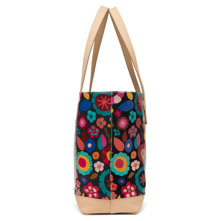 Side profile of Consuela Big Breezy tote with leather trim