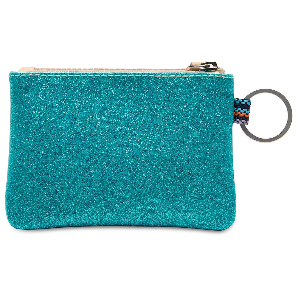 Back view of Consuela Lumi Pouch in turquoise glitter with attached keyring and compact design