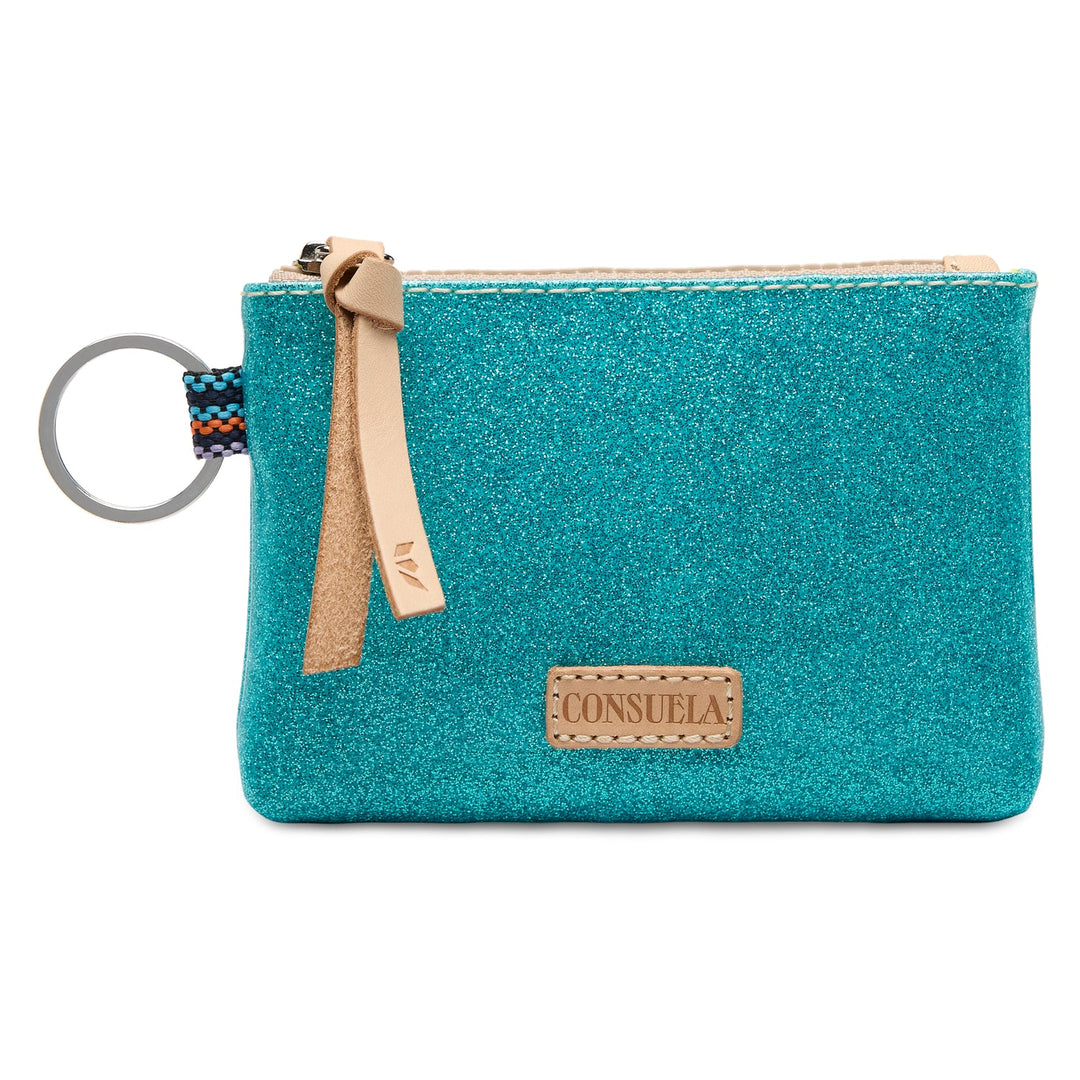 Front view of Consuela Lumi Pouch turquoise glitter featuring leather logo patch and zipper closure