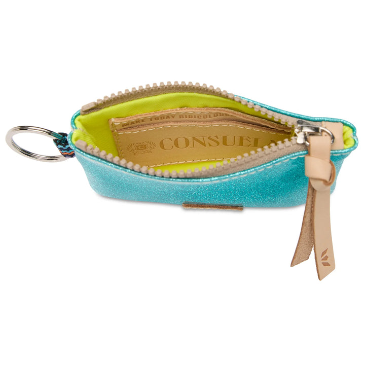 Interior view of Consuela Lumi Pouch turquoise glitter showing card slot, zipper closure, and keyring