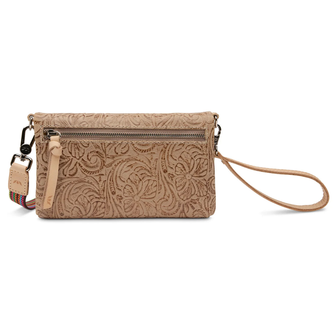 Back view of Consuela Uptown Crossbody in tan tooled leather with wristlet strap and zipper pocket