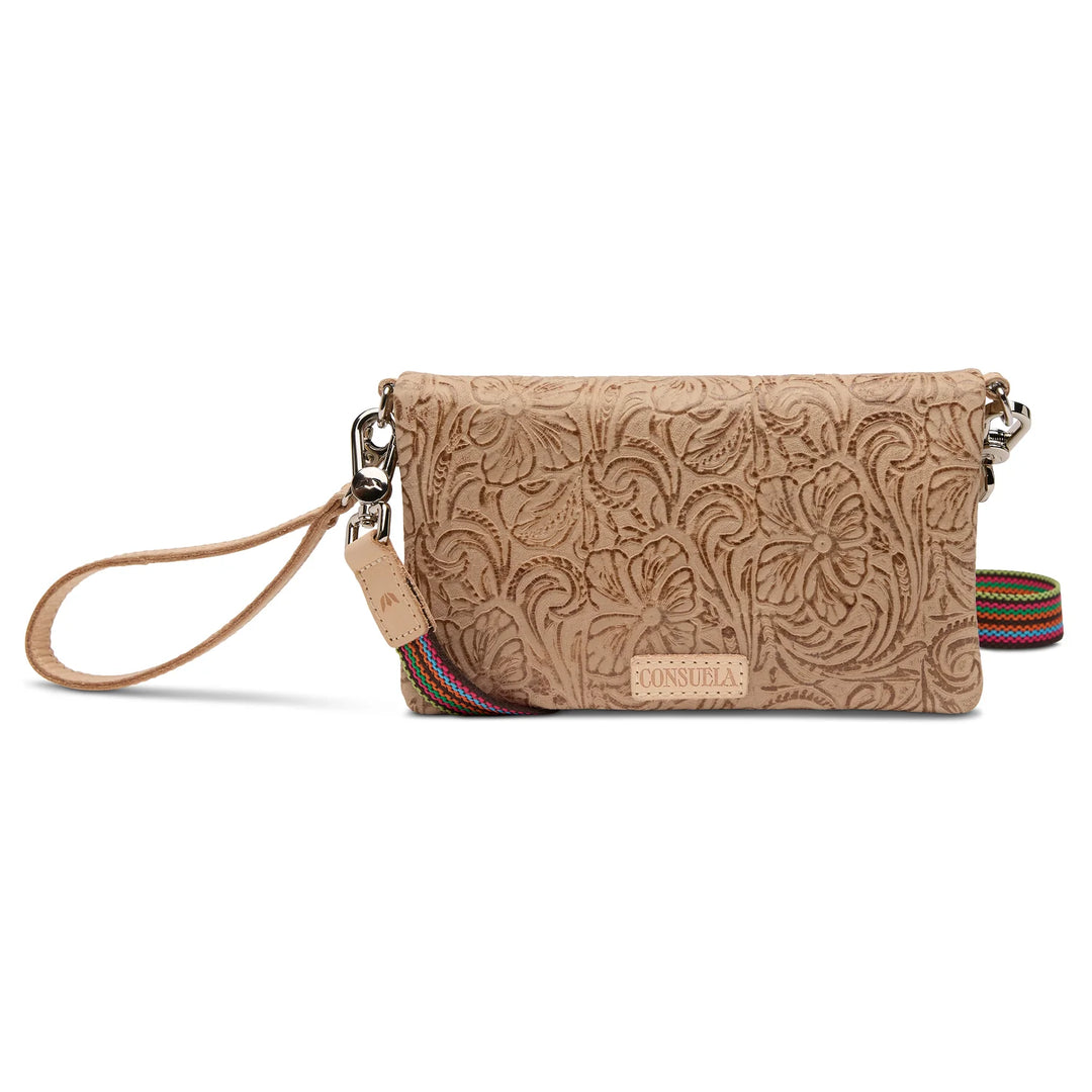Front view of Consuela Uptown Crossbody tan tooled leather wristlet crossbody bag