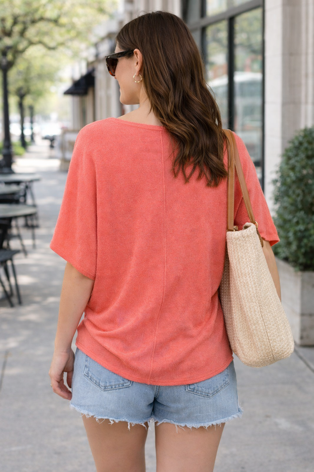coral dolman sleeve top back view center seam detail relaxed fit