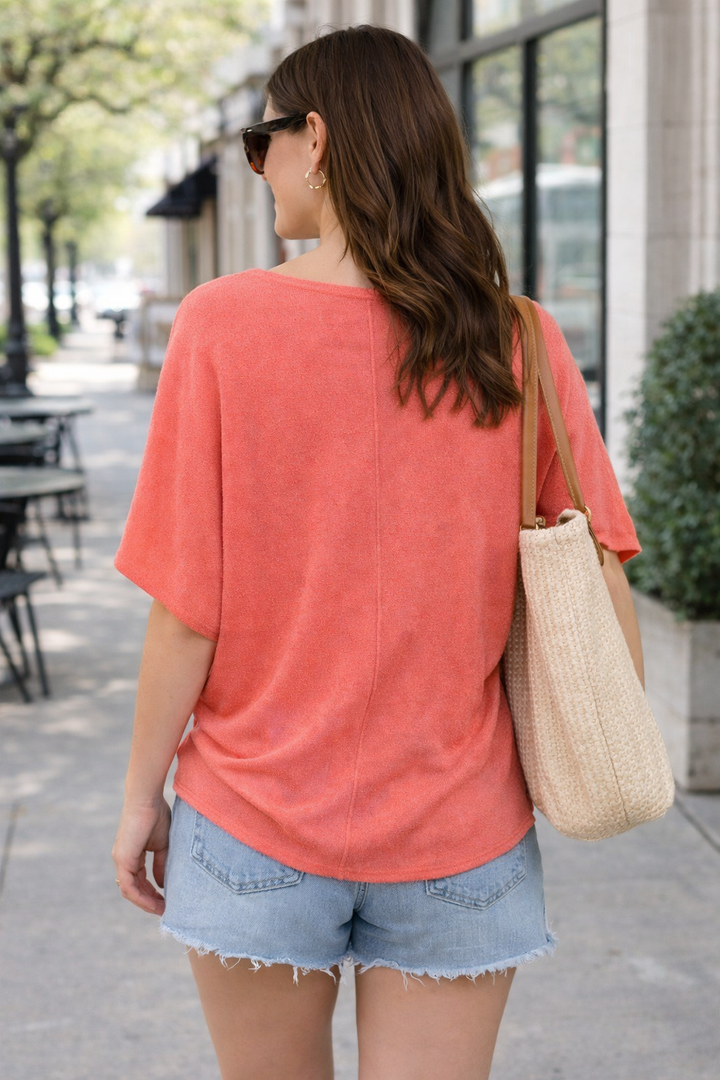 coral dolman sleeve top back view center seam detail relaxed fit