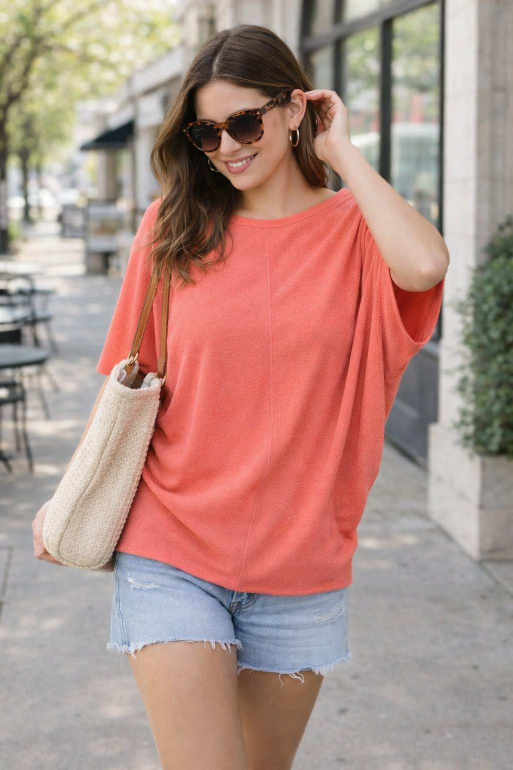 coral dolman sleeve top womens relaxed fit lightweight knit front view