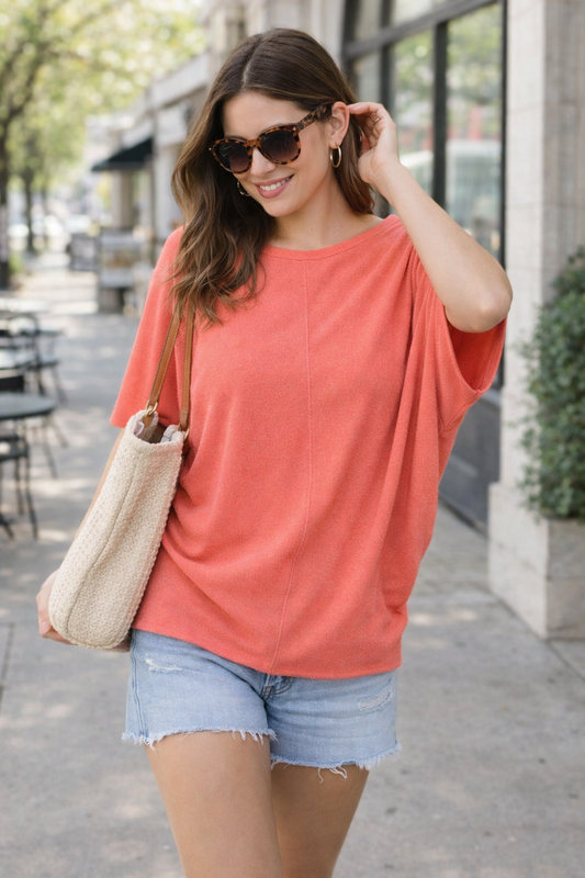 coral dolman sleeve top womens relaxed fit lightweight knit front view