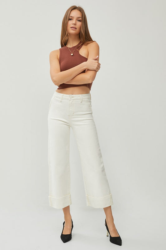 Cream High Rise Ankle Wide Leg Cuffed Jeans