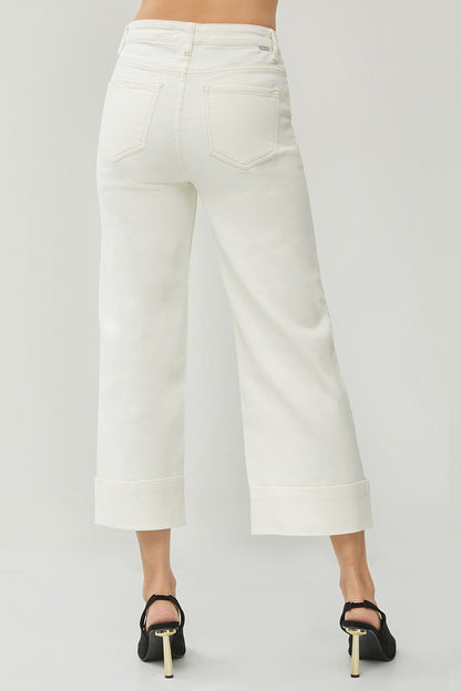 Cream High Rise Ankle Wide Leg Cuffed Jeans