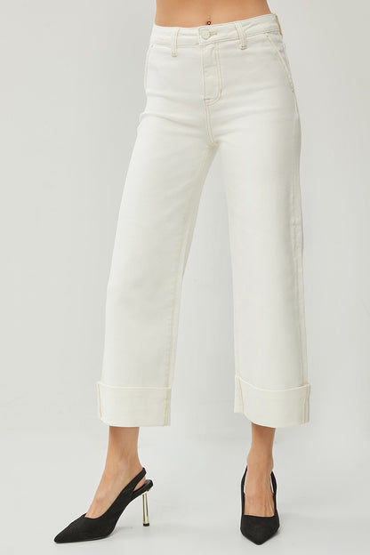 Cream High Rise Ankle Wide Leg Cuffed Jeans