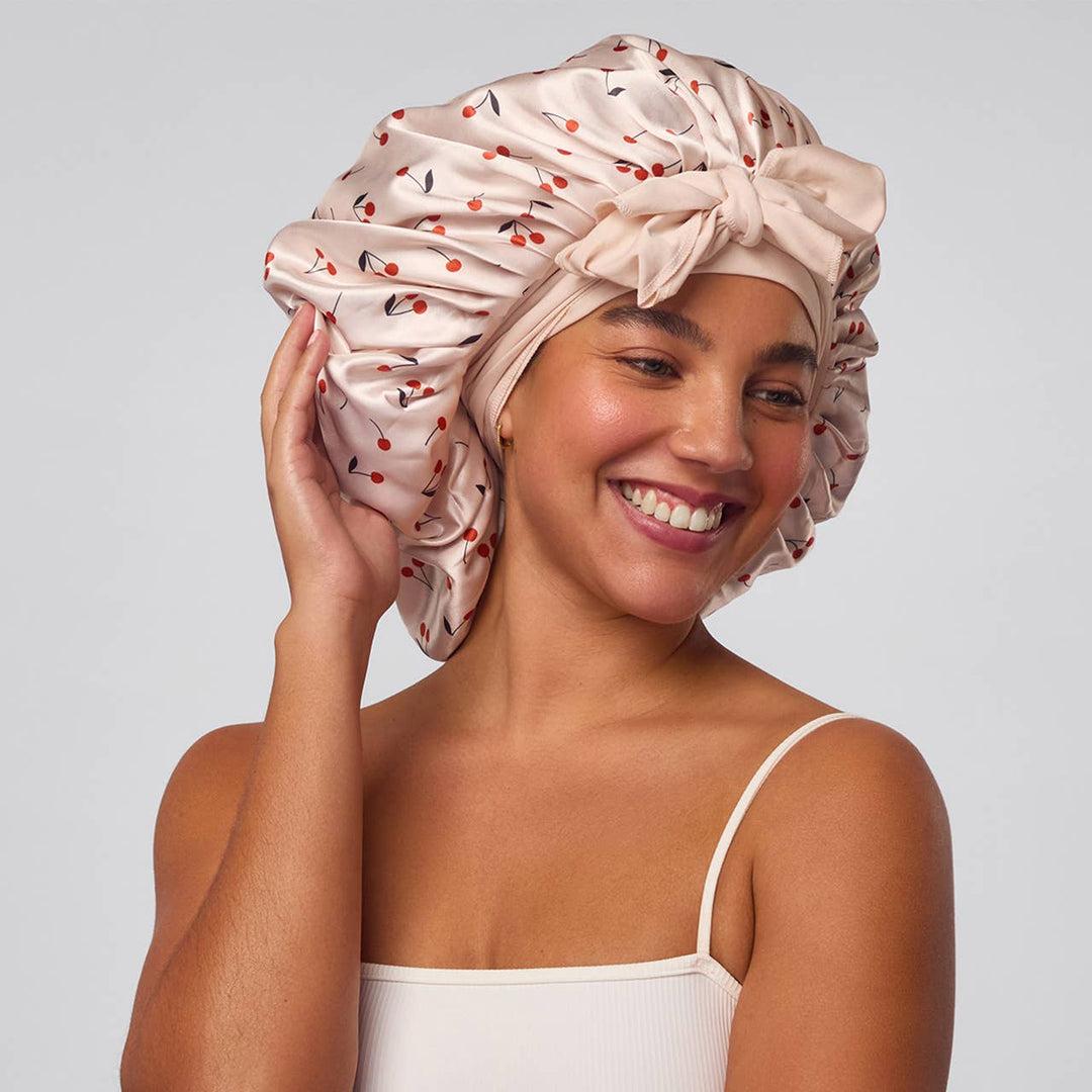 Adjustable Oversized Satin Bonnet - Cherry Print