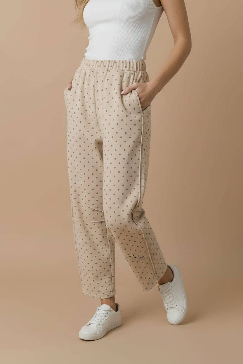 Mocha Polka Dot Barrel Pants | French Terry Elastic Waist Lounge Pants