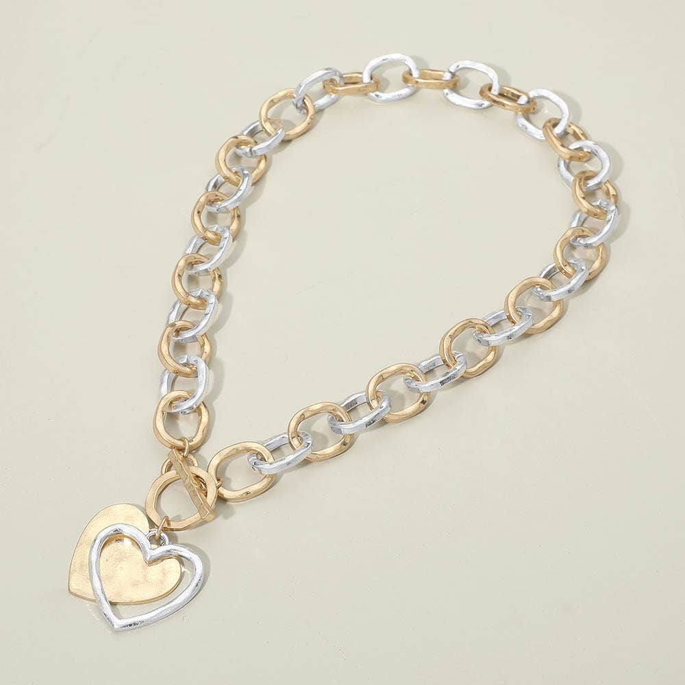Hammered Layered Heart Pendant Chunky Chain Toggle Necklace