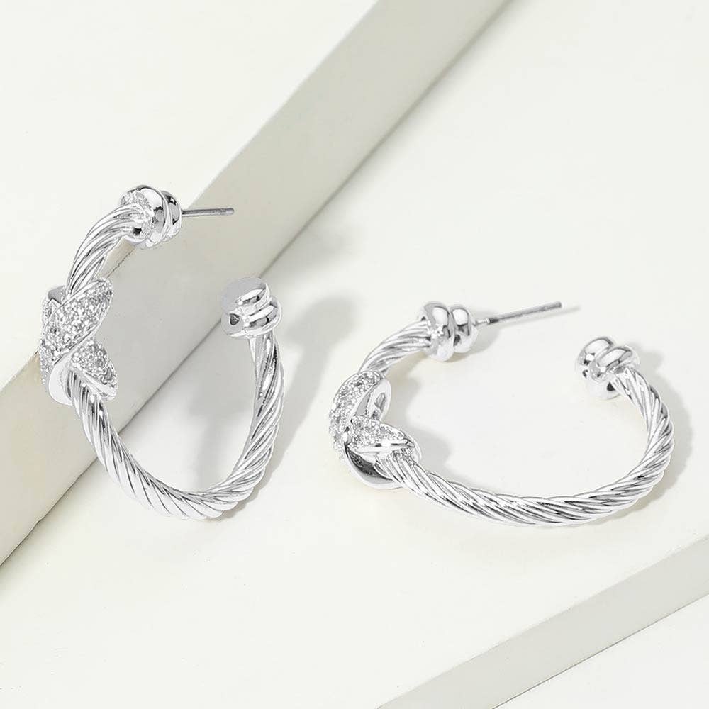 14K Gold Plated CZ Pave Knot Accent Twisted Hoop Earrings