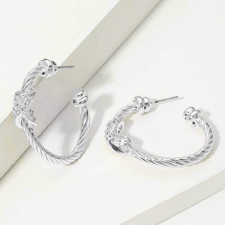 14K Gold Plated CZ Pave Knot Accent Twisted Hoop Earrings