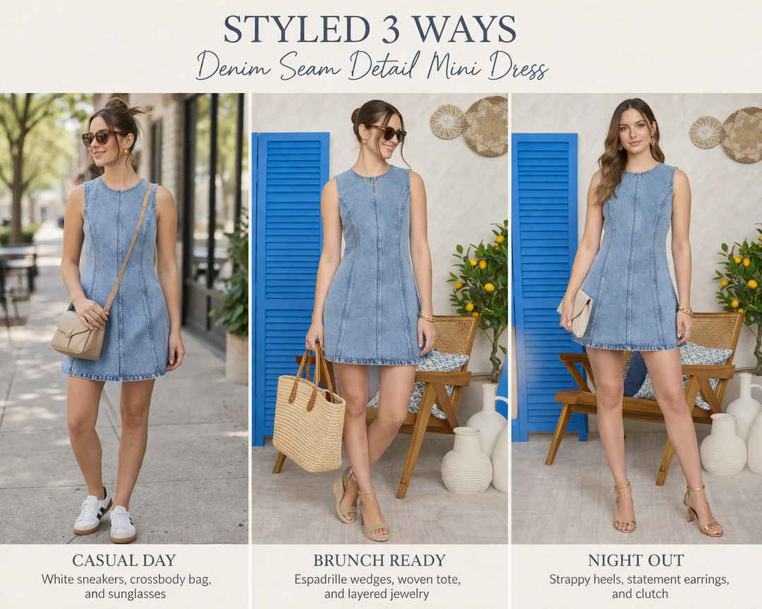 Denim seam detail mini dress styled three ways including casual sneakers look, breezy layered outfit, and polished belted outfit with accessories