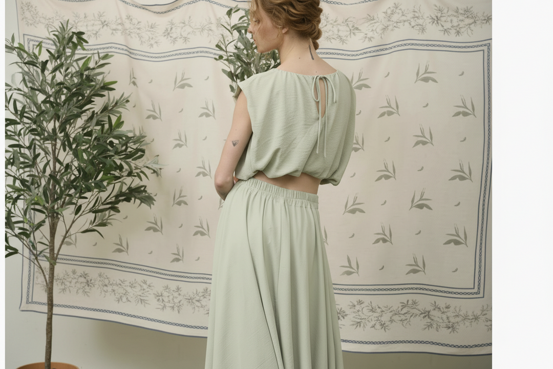 Dusty mint flowing midi skirt with elastic waist from matching two piece set