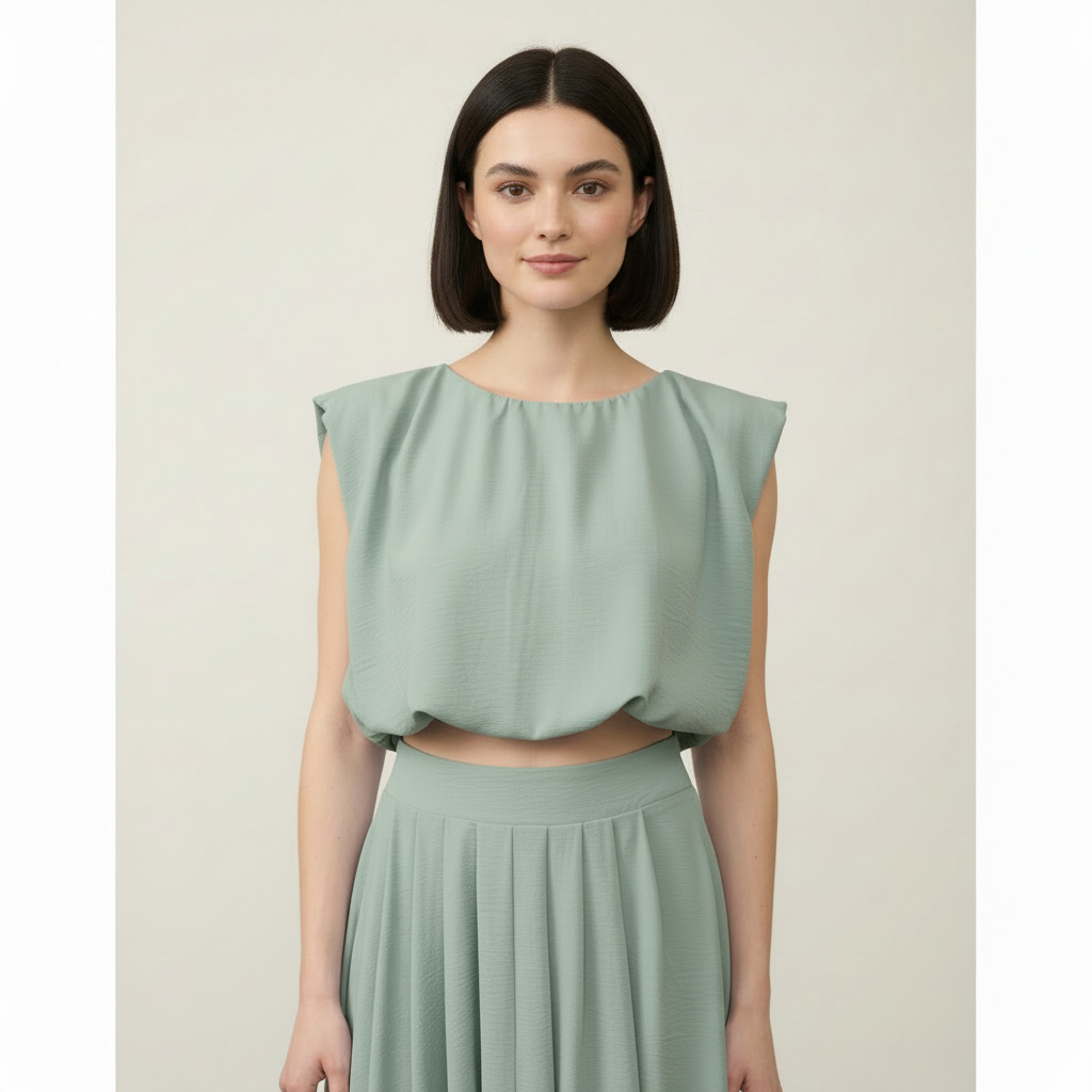 Close up of dusty mint sleeveless cropped top from two piece skirt set