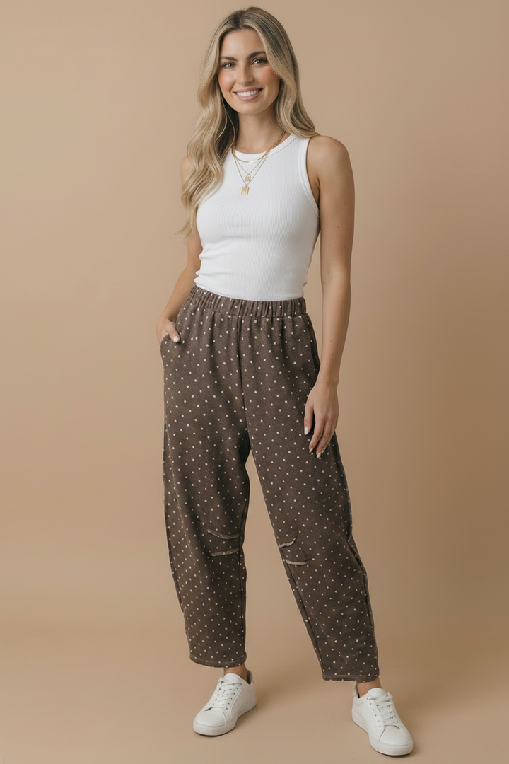 Mocha Polka Dot Barrel Pants | French Terry Elastic Waist Lounge Pants
