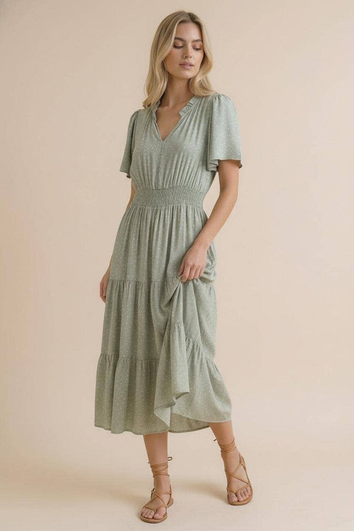 Sage Polka Dot Tiered Maxi Dress | Smocked Waist Flutter Sleeve Dress with Pockets