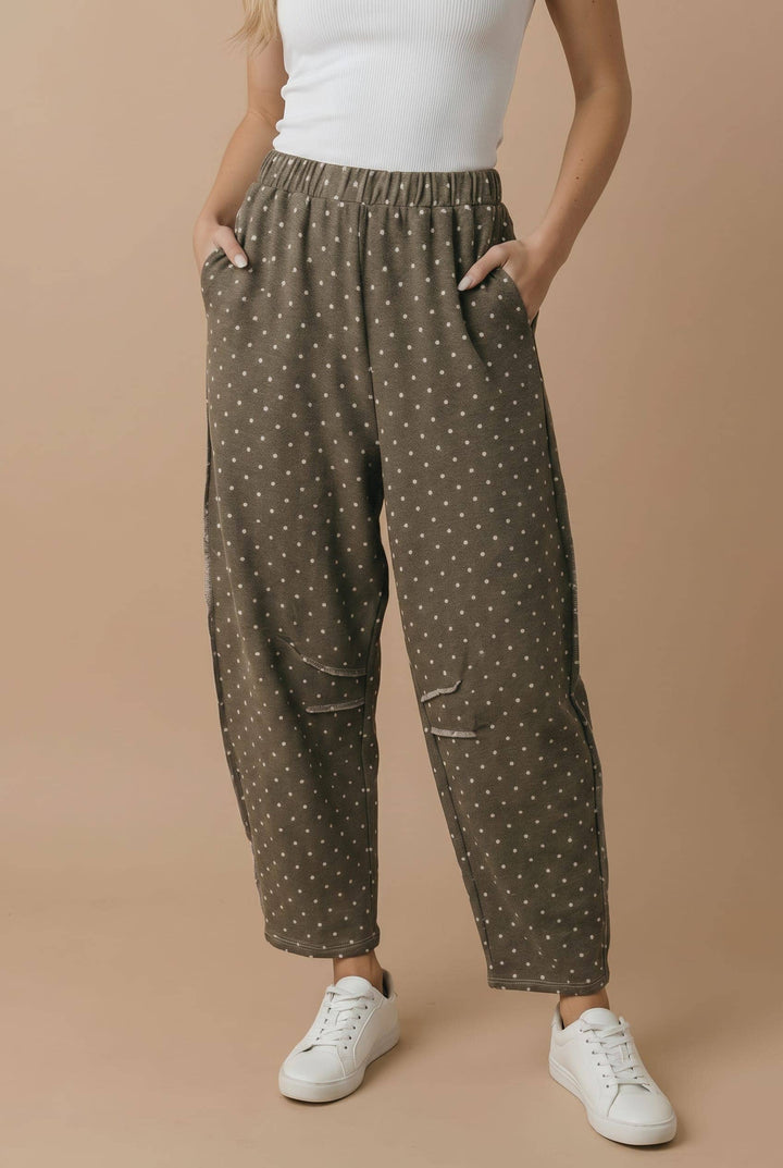 Mocha Polka Dot Barrel Pants | French Terry Elastic Waist Lounge Pants