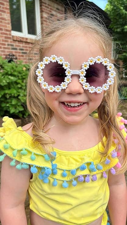 Kids Sunglasses - Round Daisy Flower - White