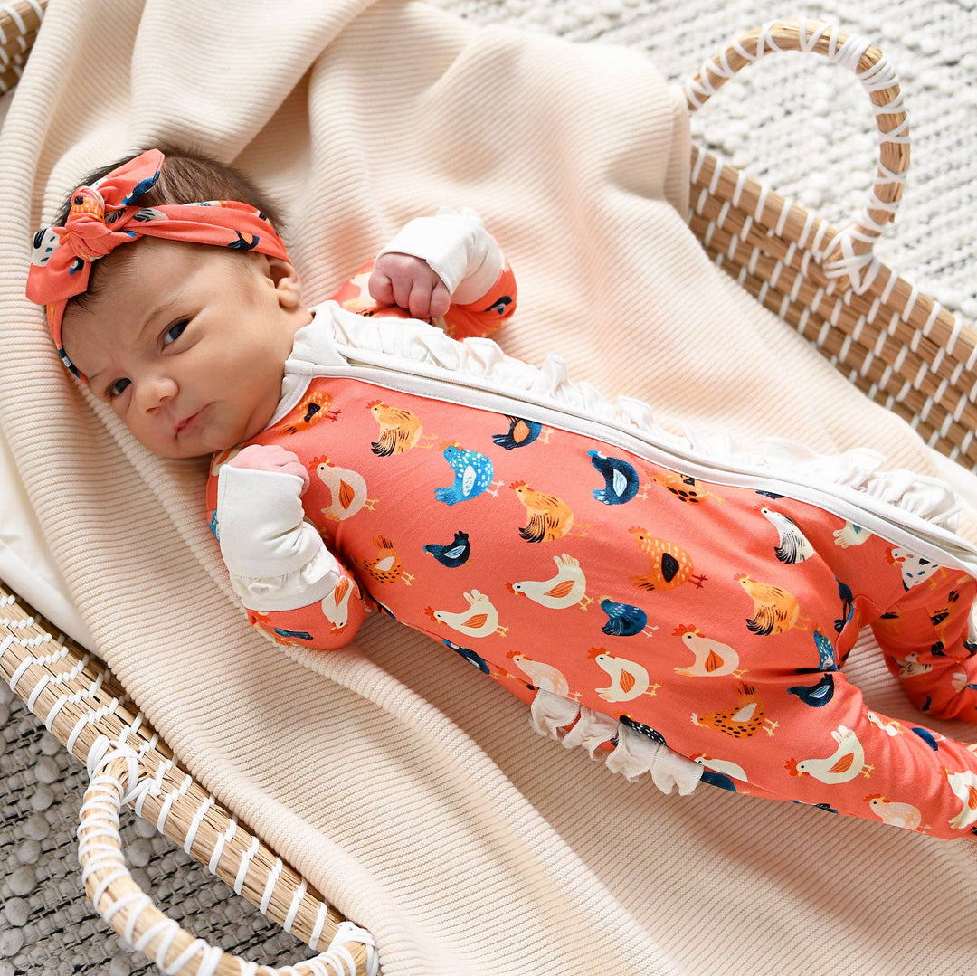 Penny RUFFLE ZIP Bamboo One Piece Chickens Baby Outfit