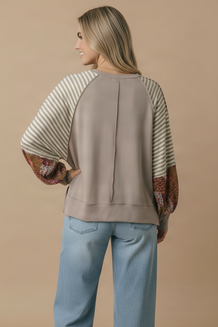 Round Neck Raglan Bubble Sleeve Pullover Top