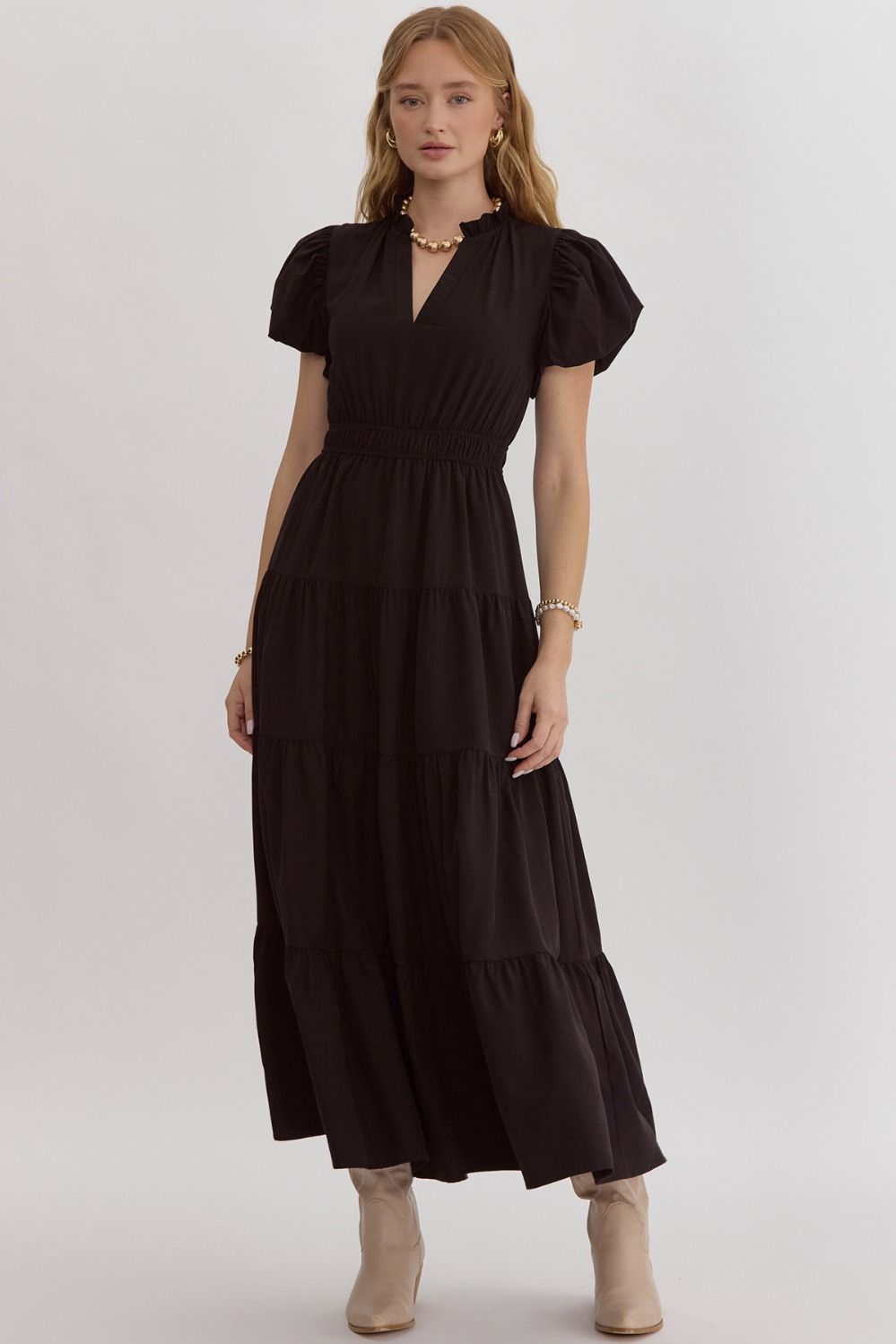 Puff Sleeve V-Neck Tiered A-Line Dress