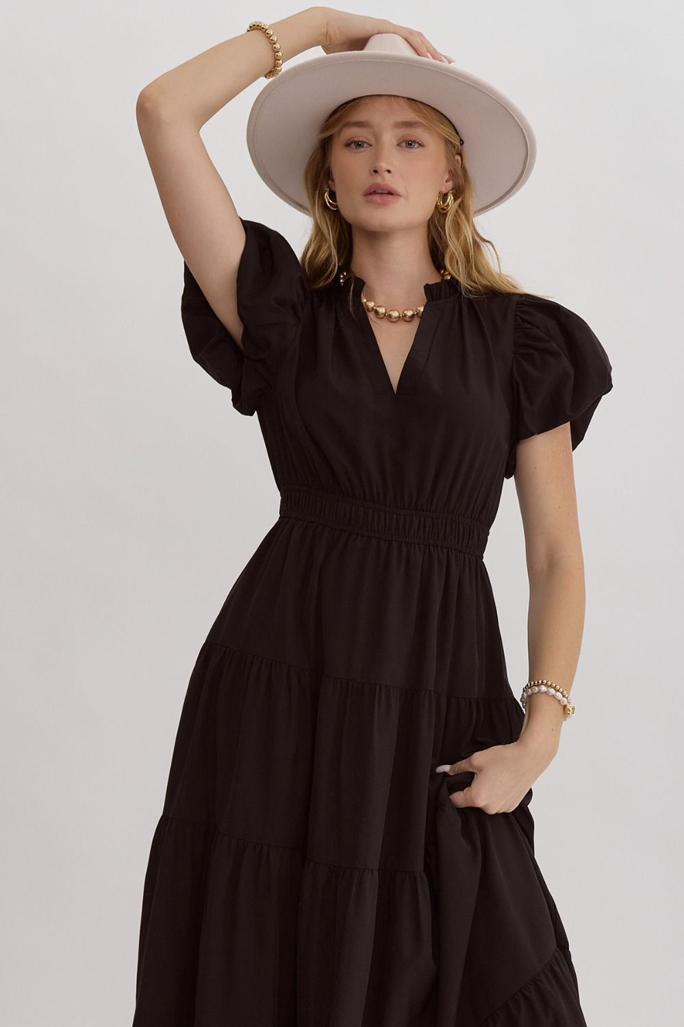 Puff Sleeve V-Neck Tiered A-Line Dress