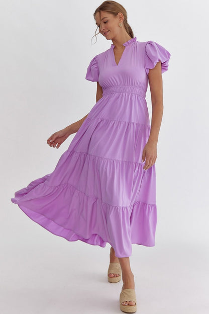 Puff Sleeve V-Neck Tiered A-Line Dress