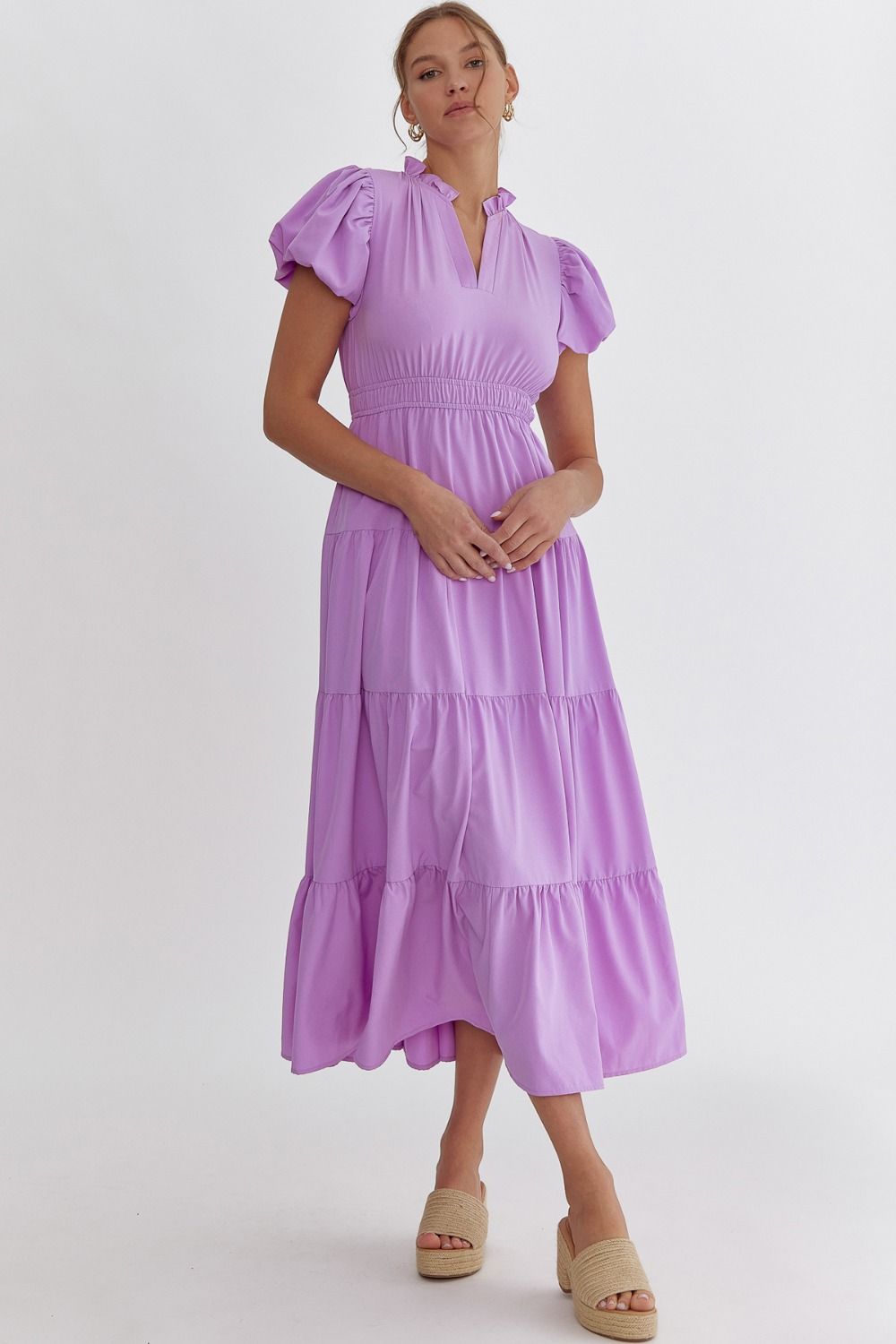 Puff Sleeve V-Neck Tiered A-Line Dress