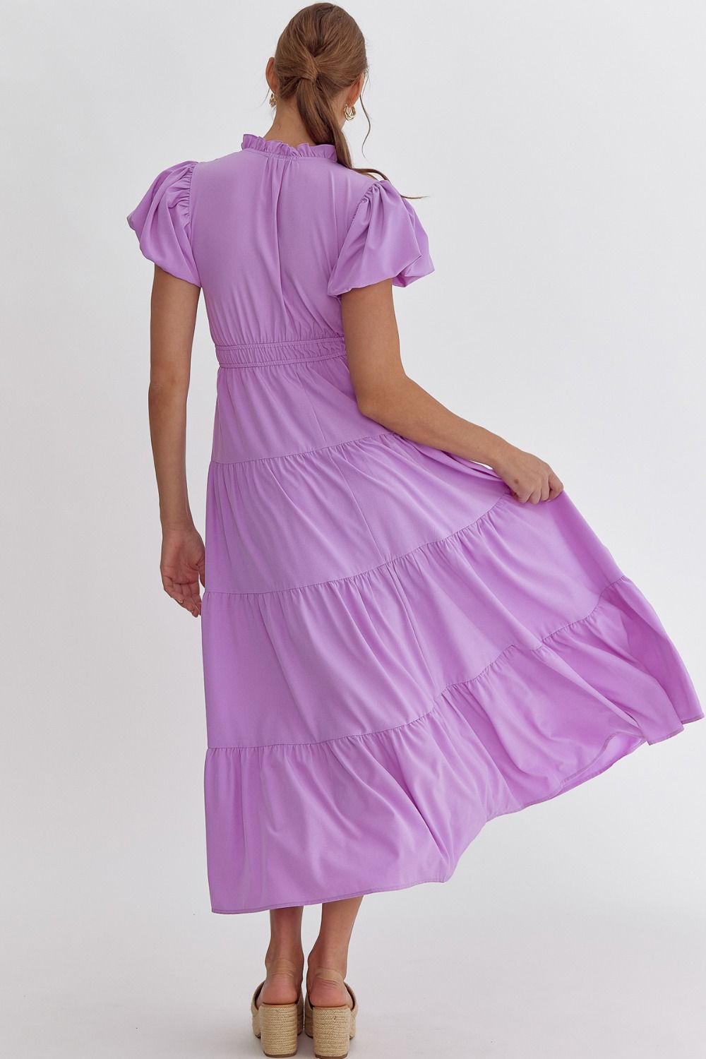 Puff Sleeve V-Neck Tiered A-Line Dress