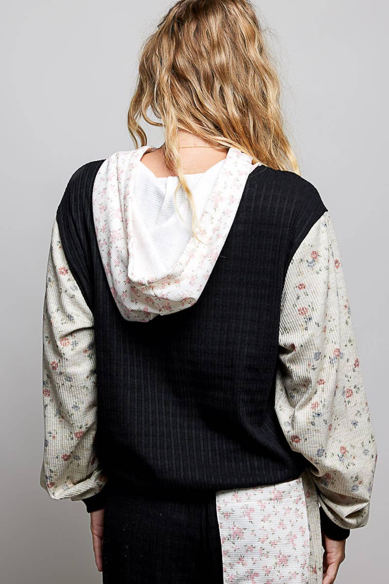 Boho Mixed Knit Contrast Sleeve Hooded Pulloverl