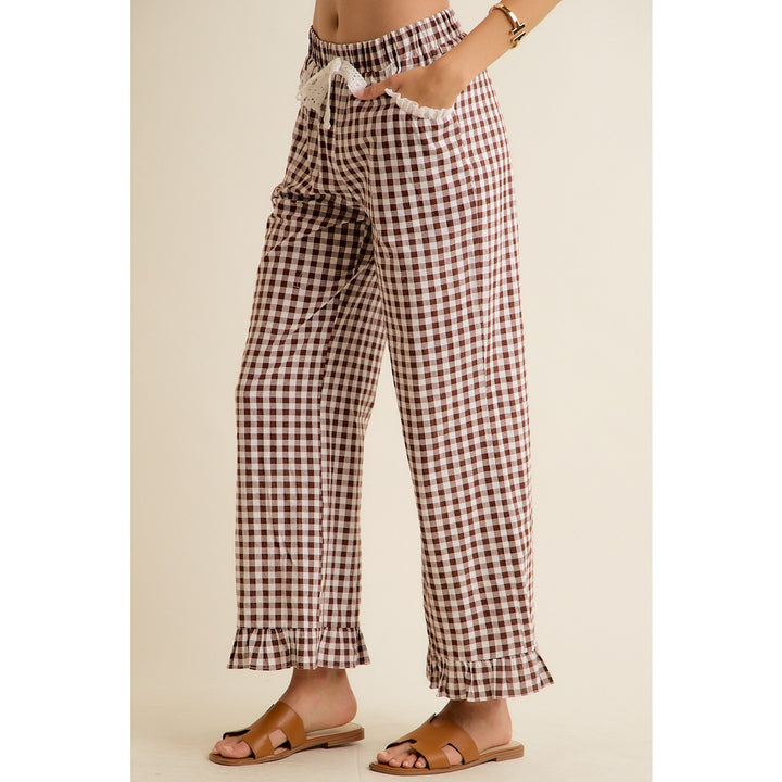 Brown Gingham Ruffle Lounge Pants | Cotton Pull-On Wide Leg Pants