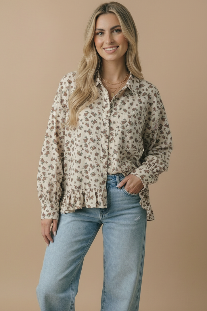 Vintage Floral Peplum Button Down Shirt | Collared Long Sleeve Babydoll Blouse