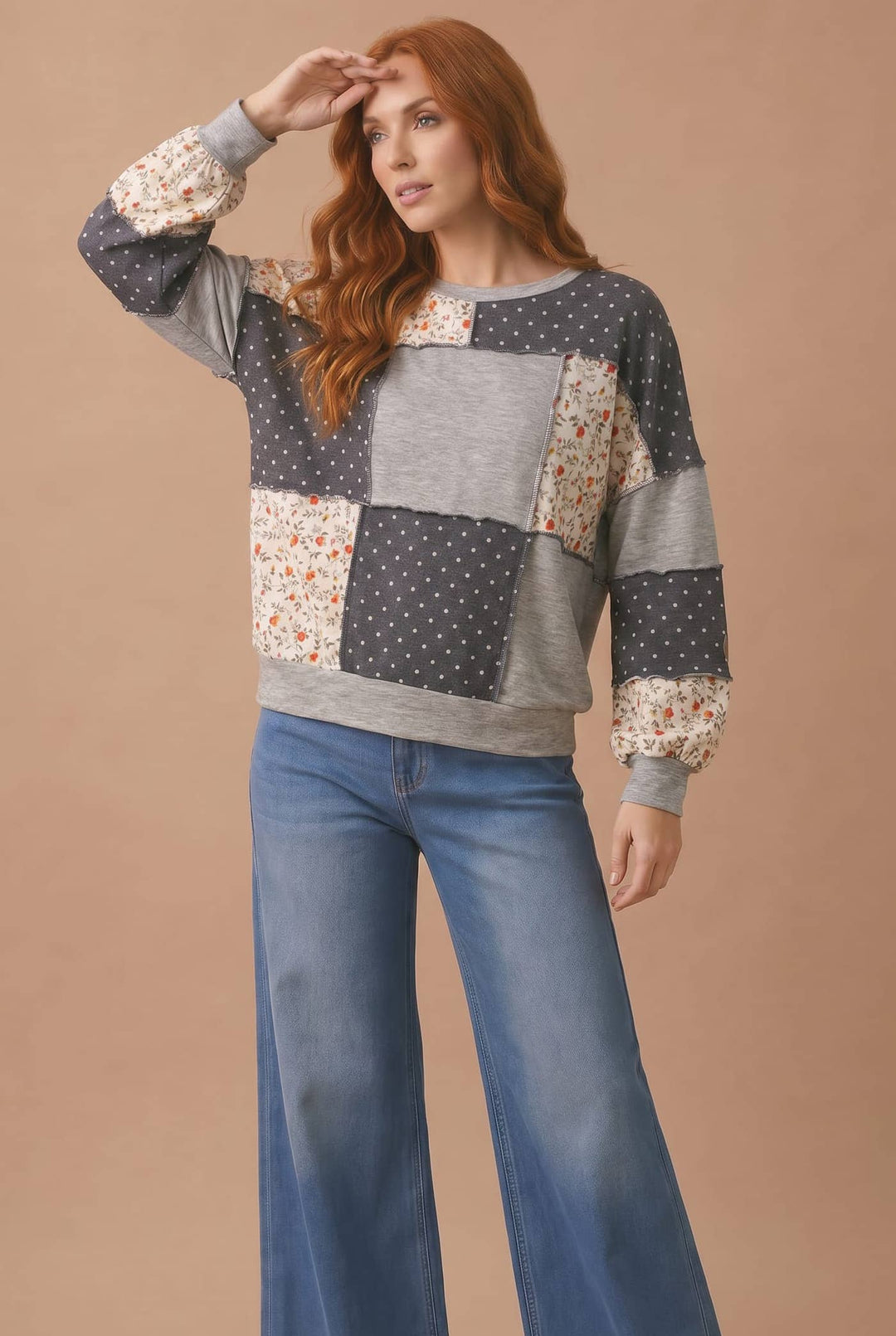 Round Neck Floral &amp; Polka Dot Patchwork French Terry Pullover