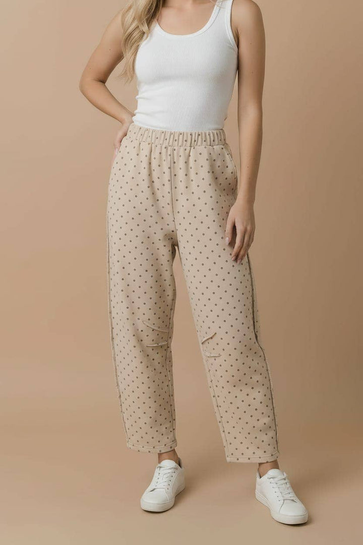 Mocha Polka Dot Barrel Pants | French Terry Elastic Waist Lounge Pants